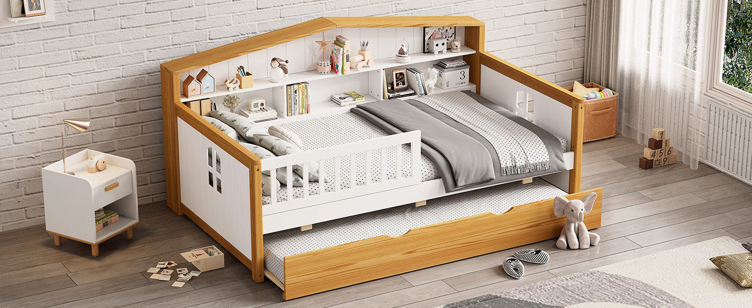 Twin Size Toddler Safety Bed Frame with Trundle & Fence Guardrails