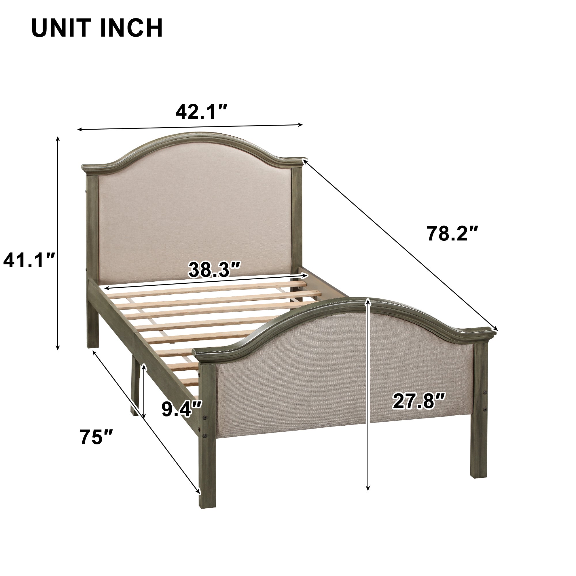 Antique Gray Twin Size Bed Frame with Headboard and Footboard