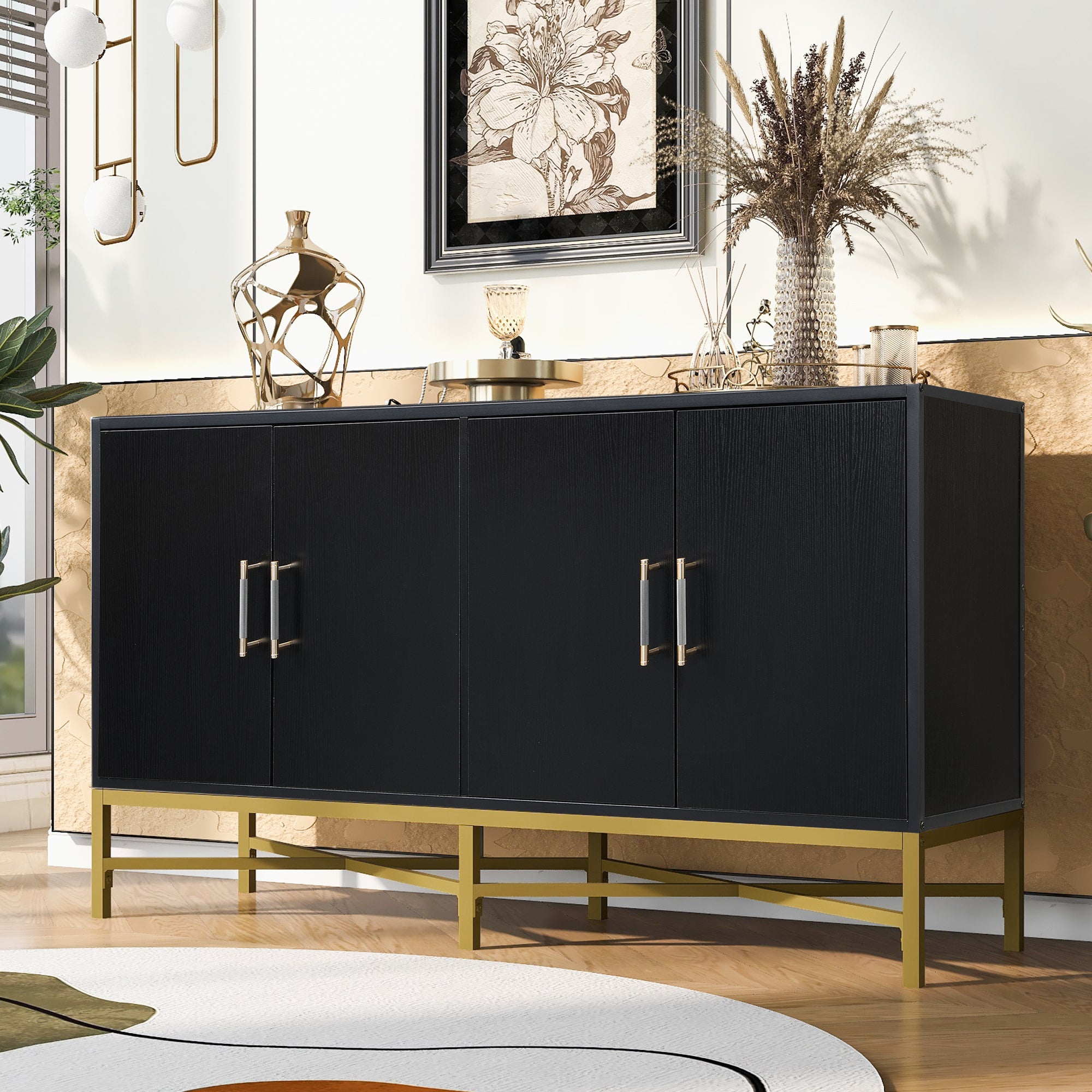 Distinctive Four-Door Sideboard with Metal Cross-Leg Design for Living Rooms and Studies In Black