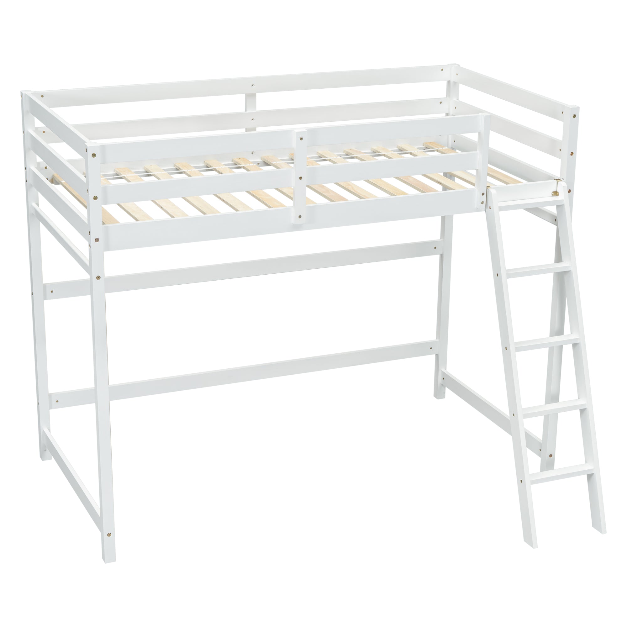 White Twin Size High Loft Bed with Inclined Ladder and Guardrails