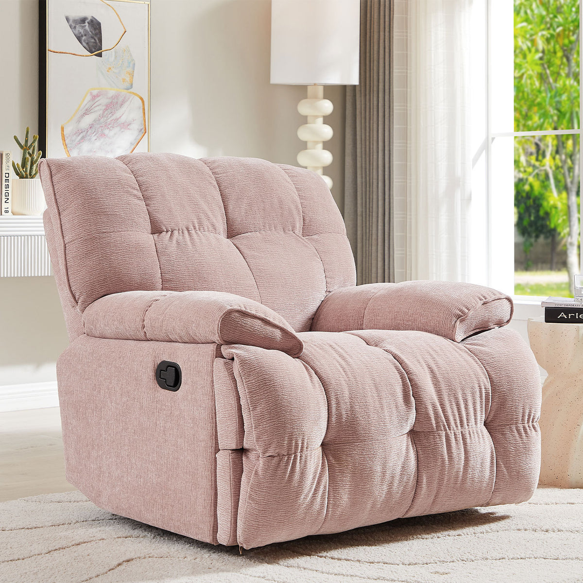 Overstuffed Ergonomic 360 Degree Swivel Rocking Recliner In Pink