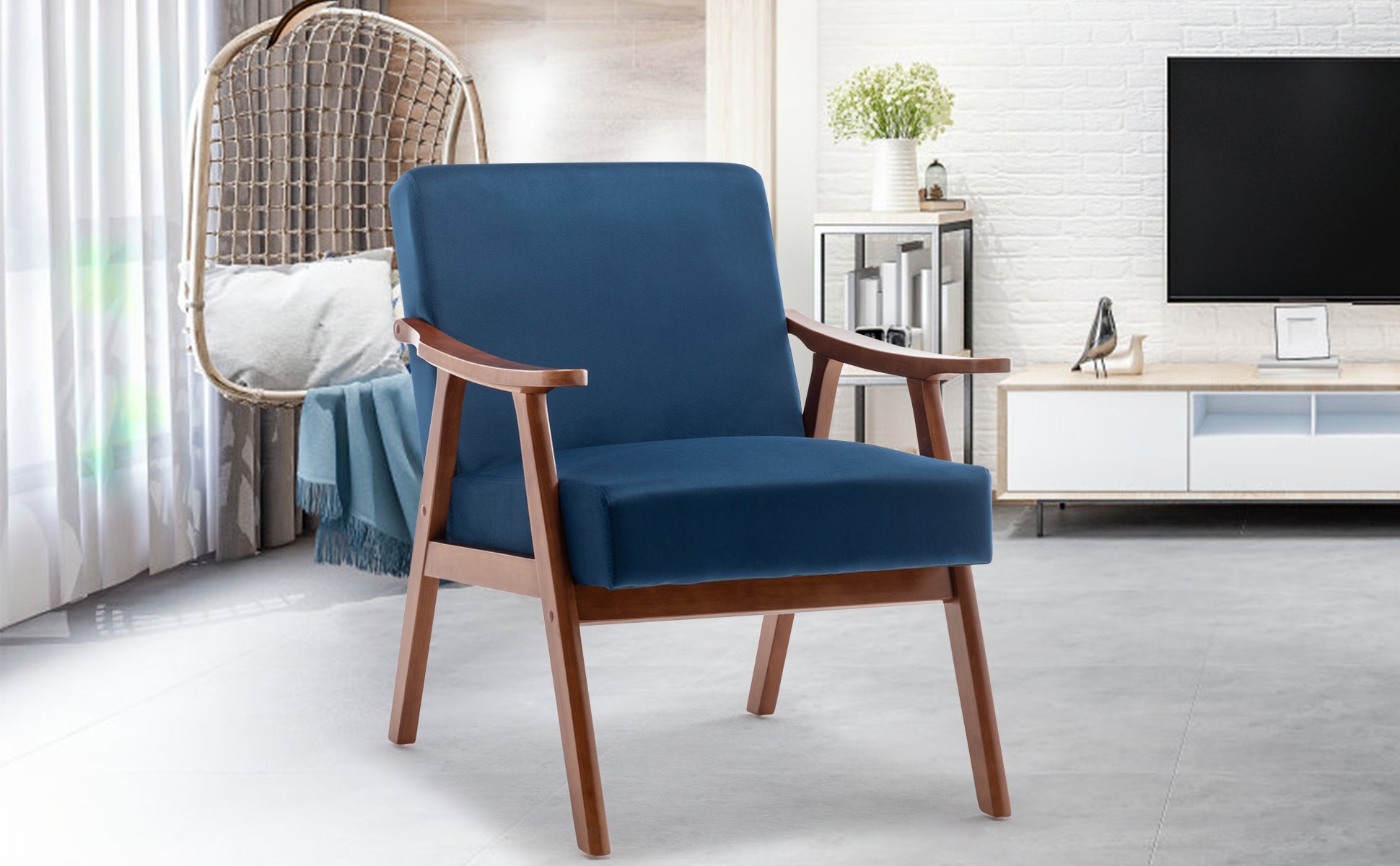 Mid-Century Modern Accent Chair - Solid Wood Frame, Extra-Thick Backrest, Ideal for Living Room, Bedroom, or Reading Room