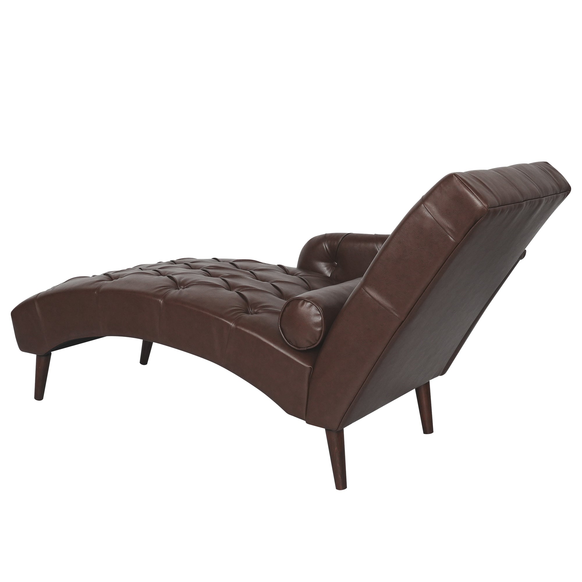 Dark Brown Faux Leather Chaise Lounge Arm Chair with Tufted Backrest and Pillow