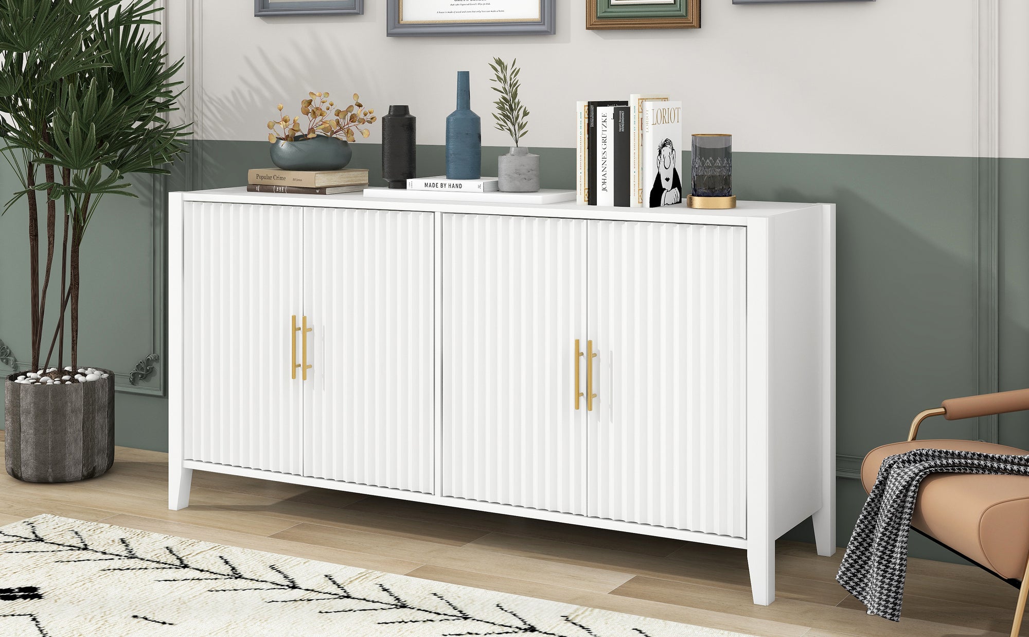 Accent Storage Cabinet Wooden Sideboard with Metal Handles Perfect for Hallway Entryway Living Room In White