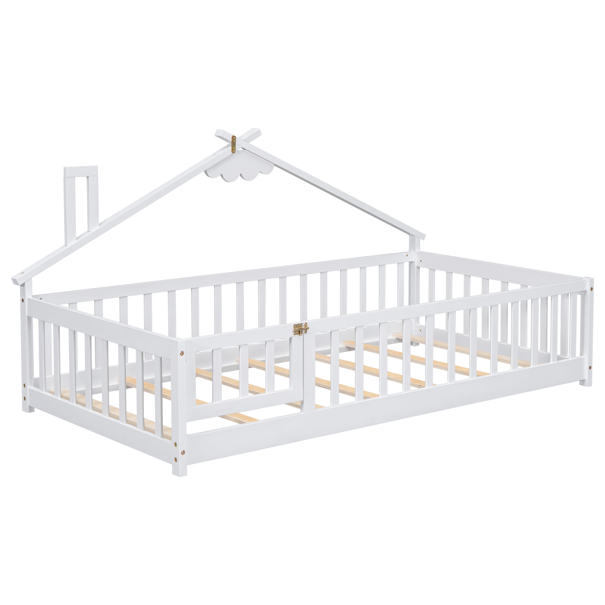 Twin House-Shaped Bedside Toddler Floor Bed with Guardrails, Slats & Door