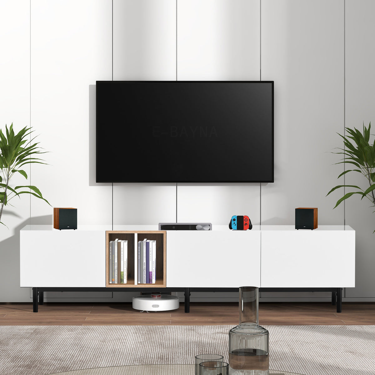 Modern TV Stand for 80 Inch TV with 3 Doors and Large Storage Cabinet In White