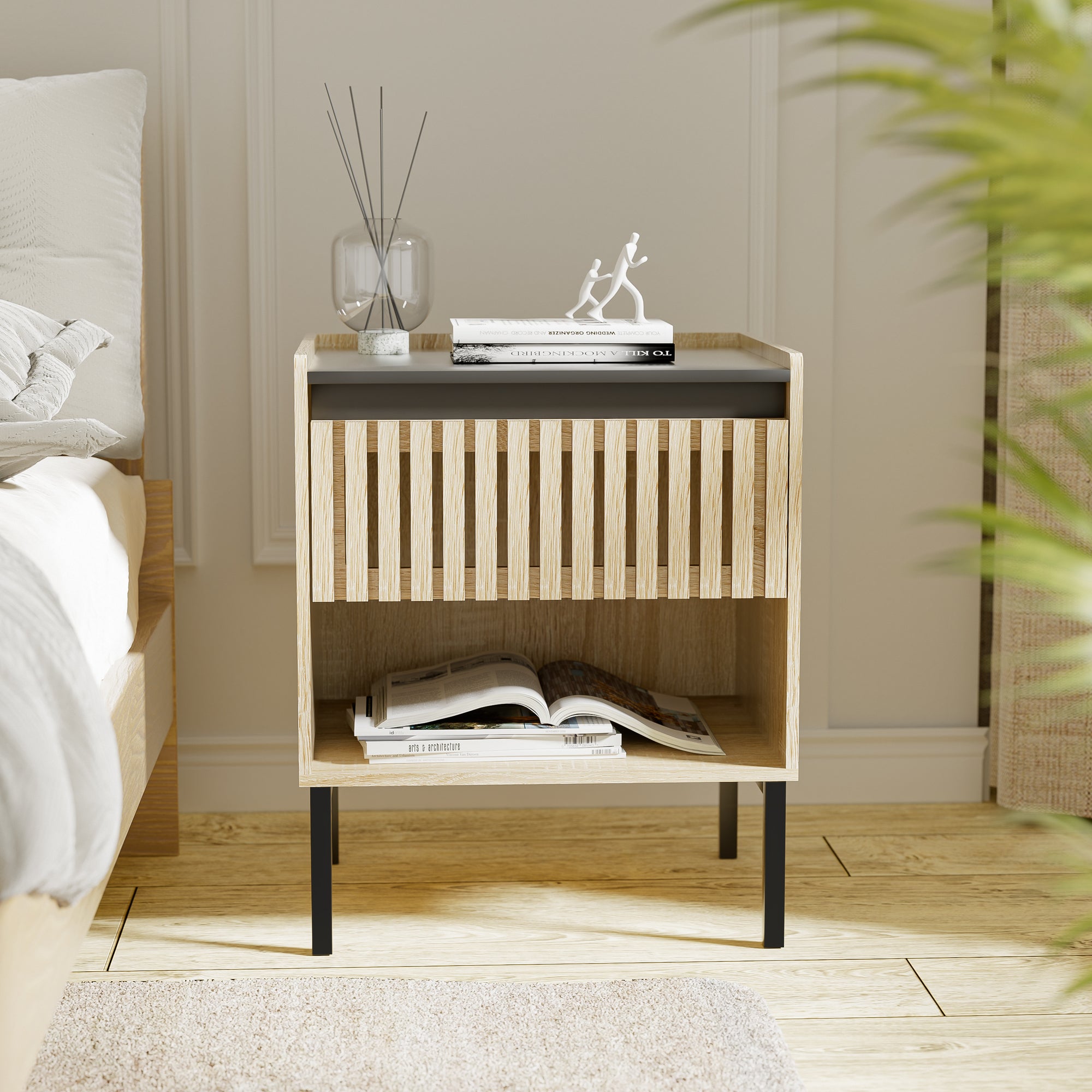 Modern Bedside Cabinet Set 2 Quick Assembly Minimalist Design In Natural Black