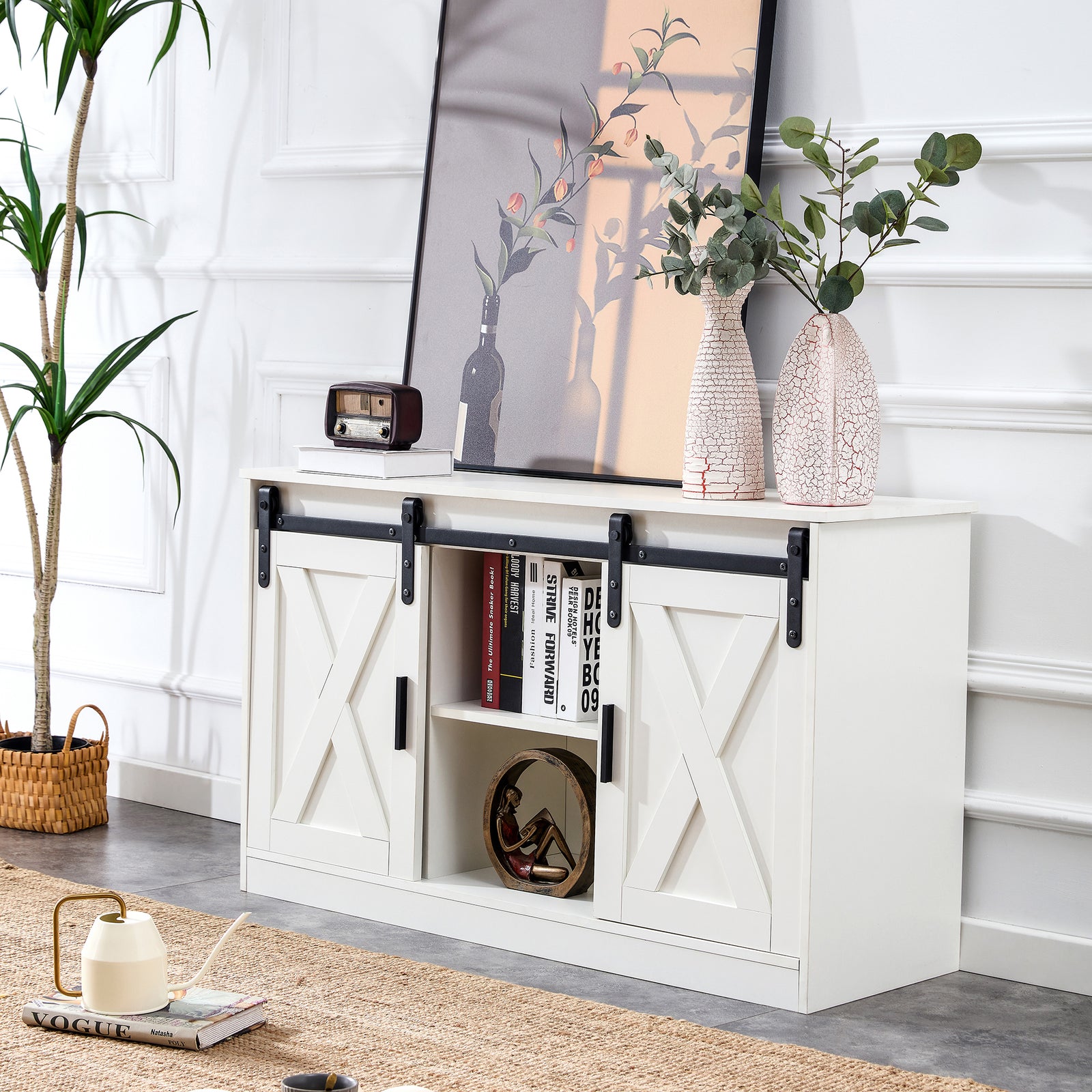 Nøordka Light TV Stand Default 47" White Decorative Wooden TV Stand & Cabinet With Sliding Barn Doors