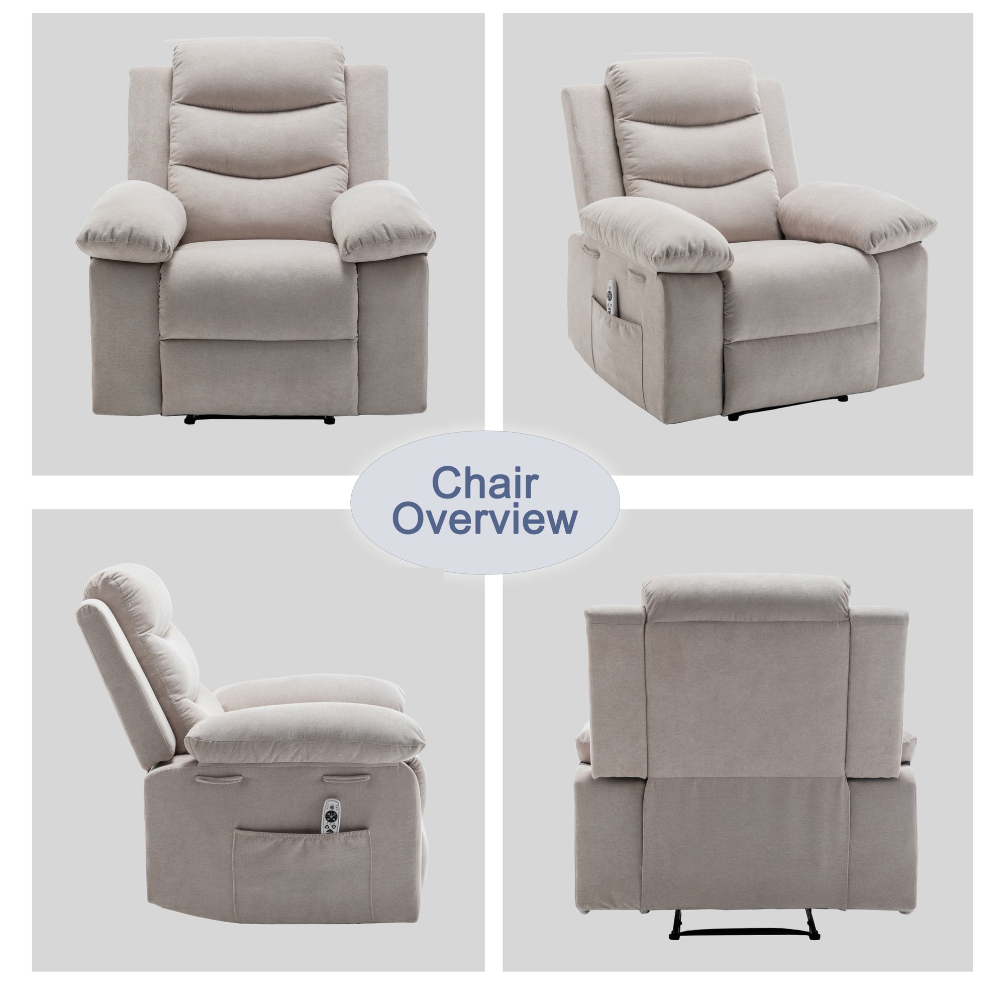 Power Recliner Chair with Adjustable Massage Function - Velvet Electric Armchair With Heating System & Side Pockets