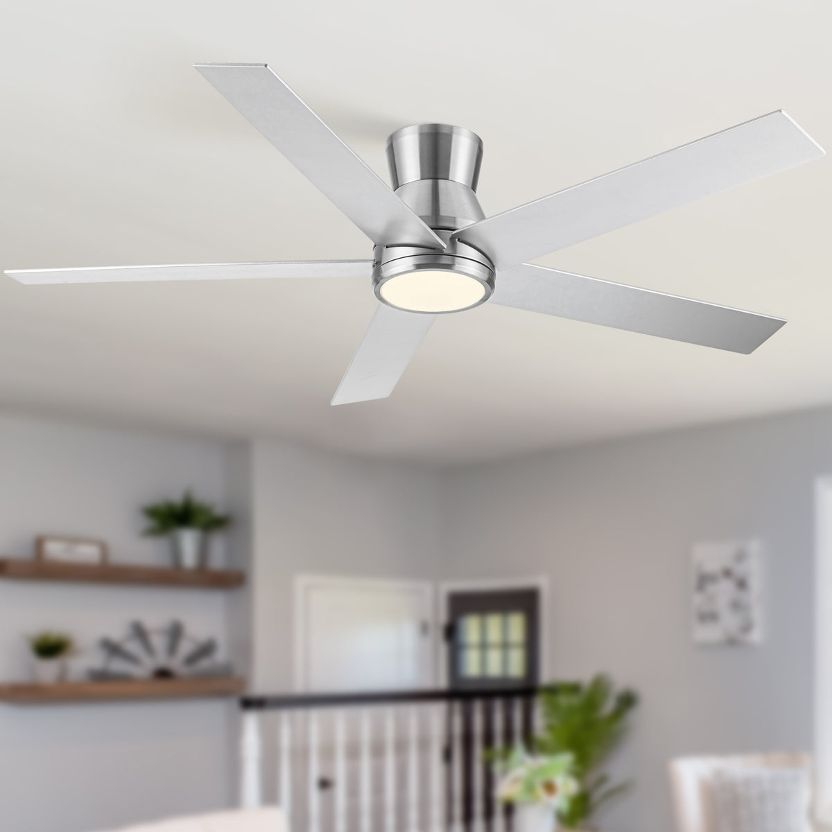 52&quot; Modern Sleek Brushed Nickel Ceiling Fan With Light