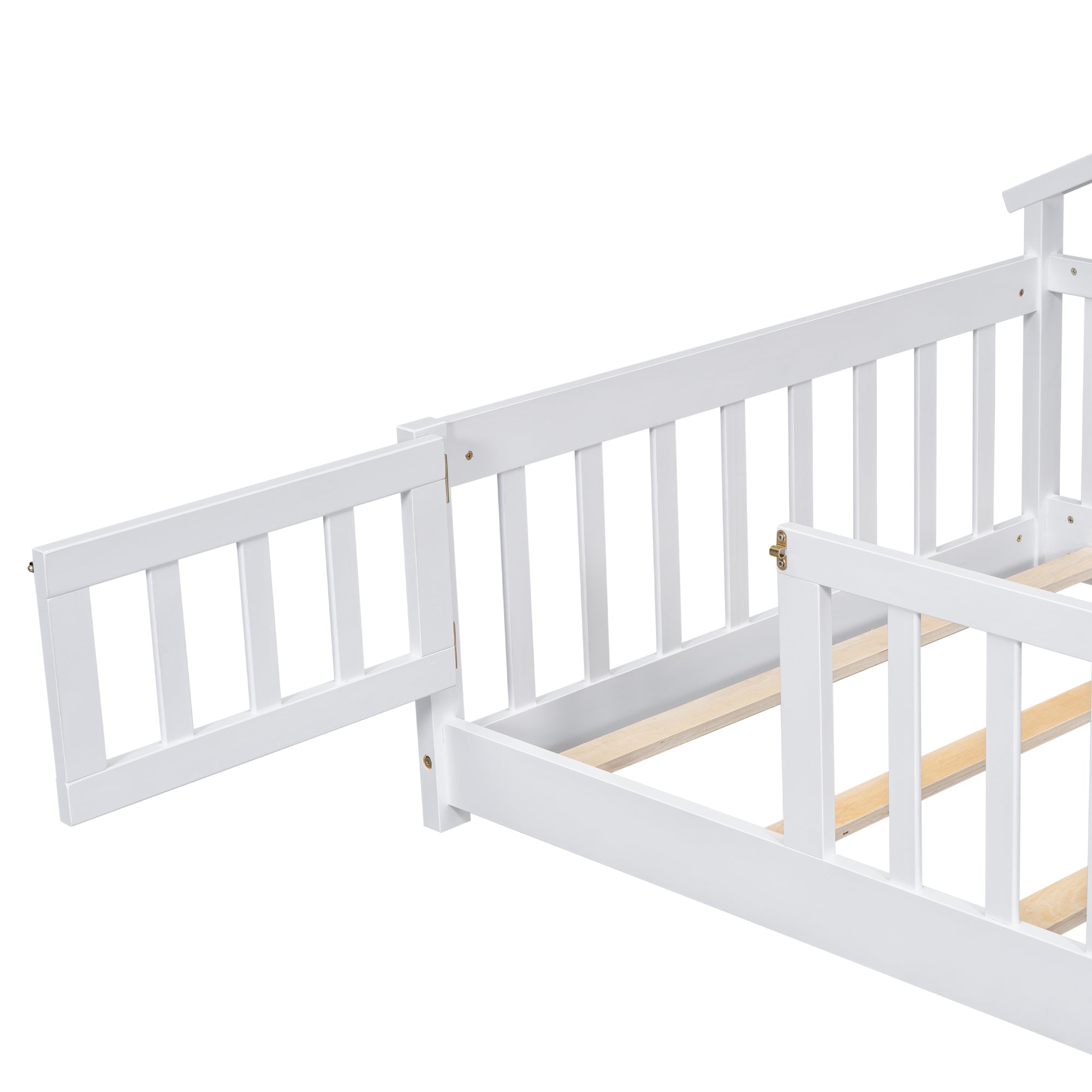 Twin House-Shaped Bedside Toddler Floor Bed with Guardrails, Slats & Door