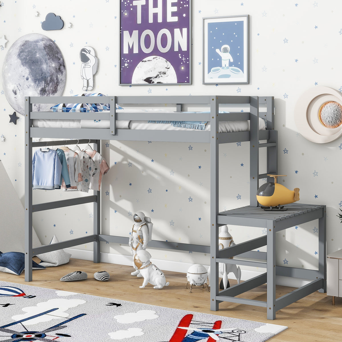 Gray Twin High Loft Bed with Ladder Landing Platform and Guardrails