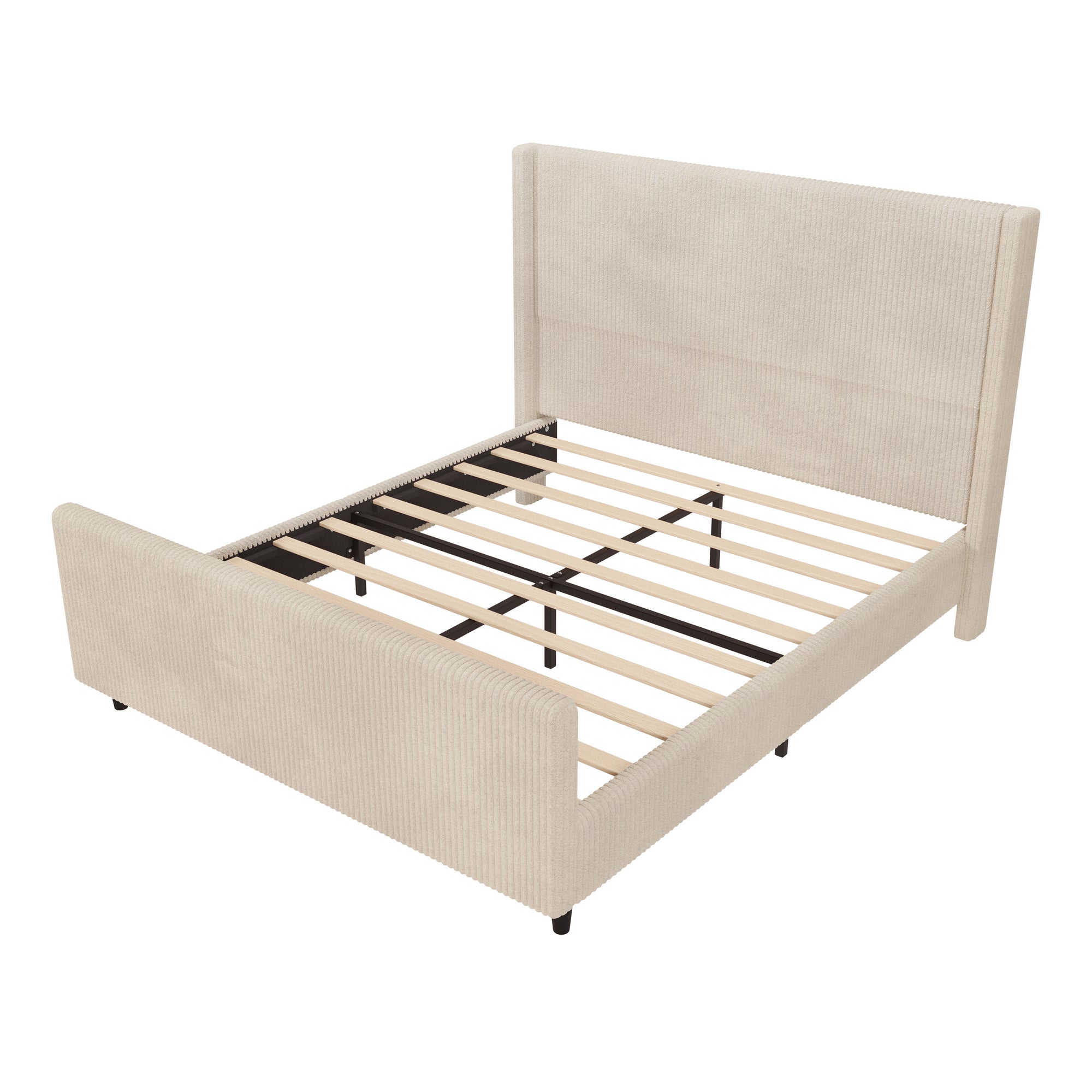 Modern Queen Size Cream Corduroy Upholstered Platform Bed Frame With High Headboard