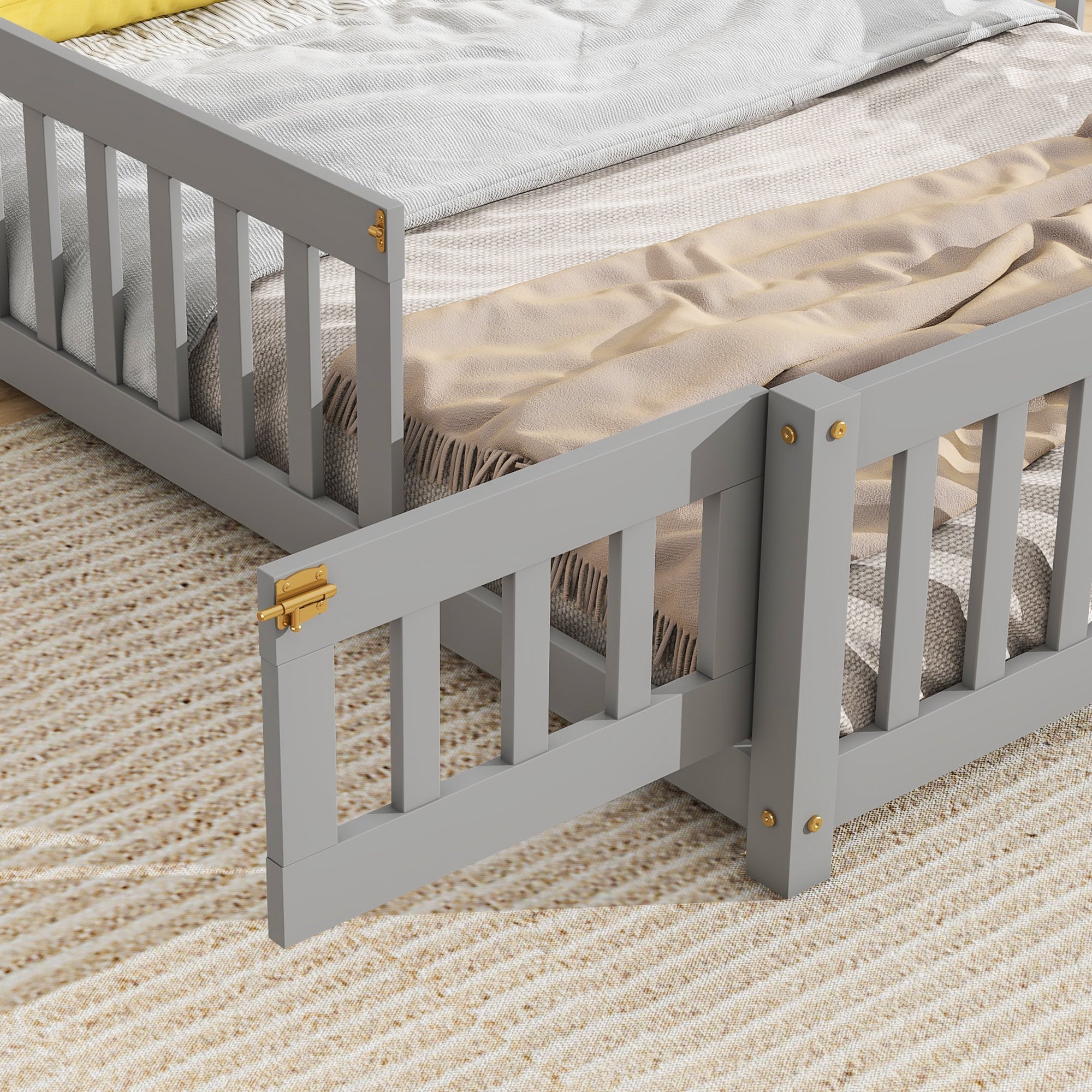 Gray Full House-Shaped Headboard Toddler Floor Bed with Fence