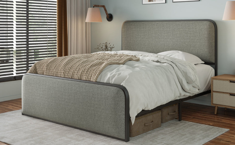 Gray Queen Metal Bed Frame with Upholstered Headboard