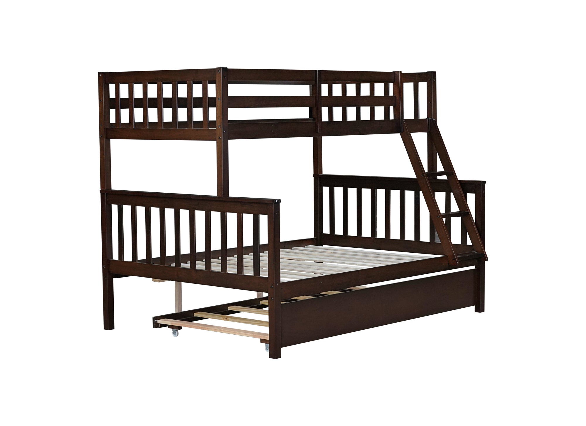 Espresso Twin Over Full Rubber Wood Bunk Bed with Trundle and Detachable Design