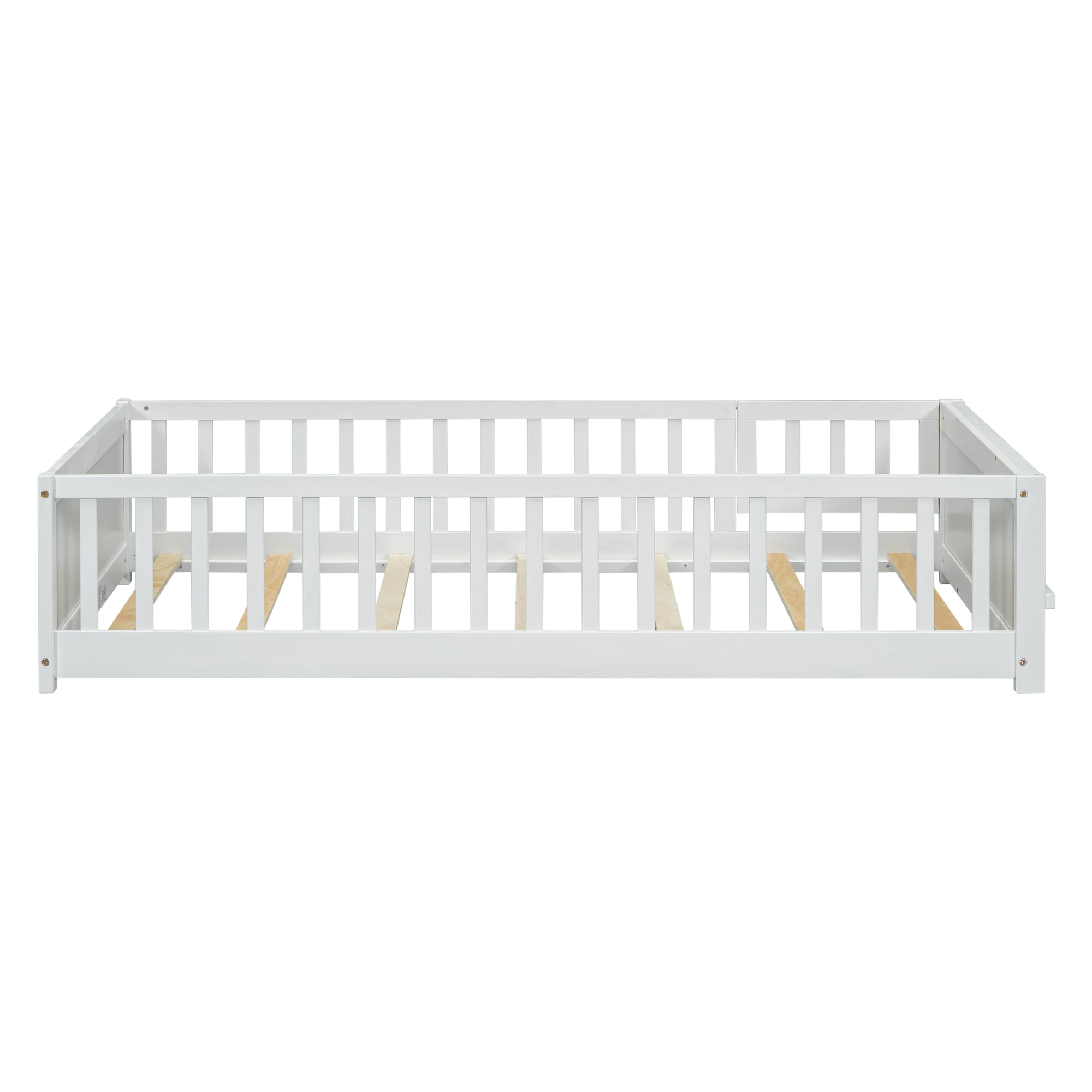 White Twin Toddler Floor Platform Bed with Built-in Book Storage Rack and Door