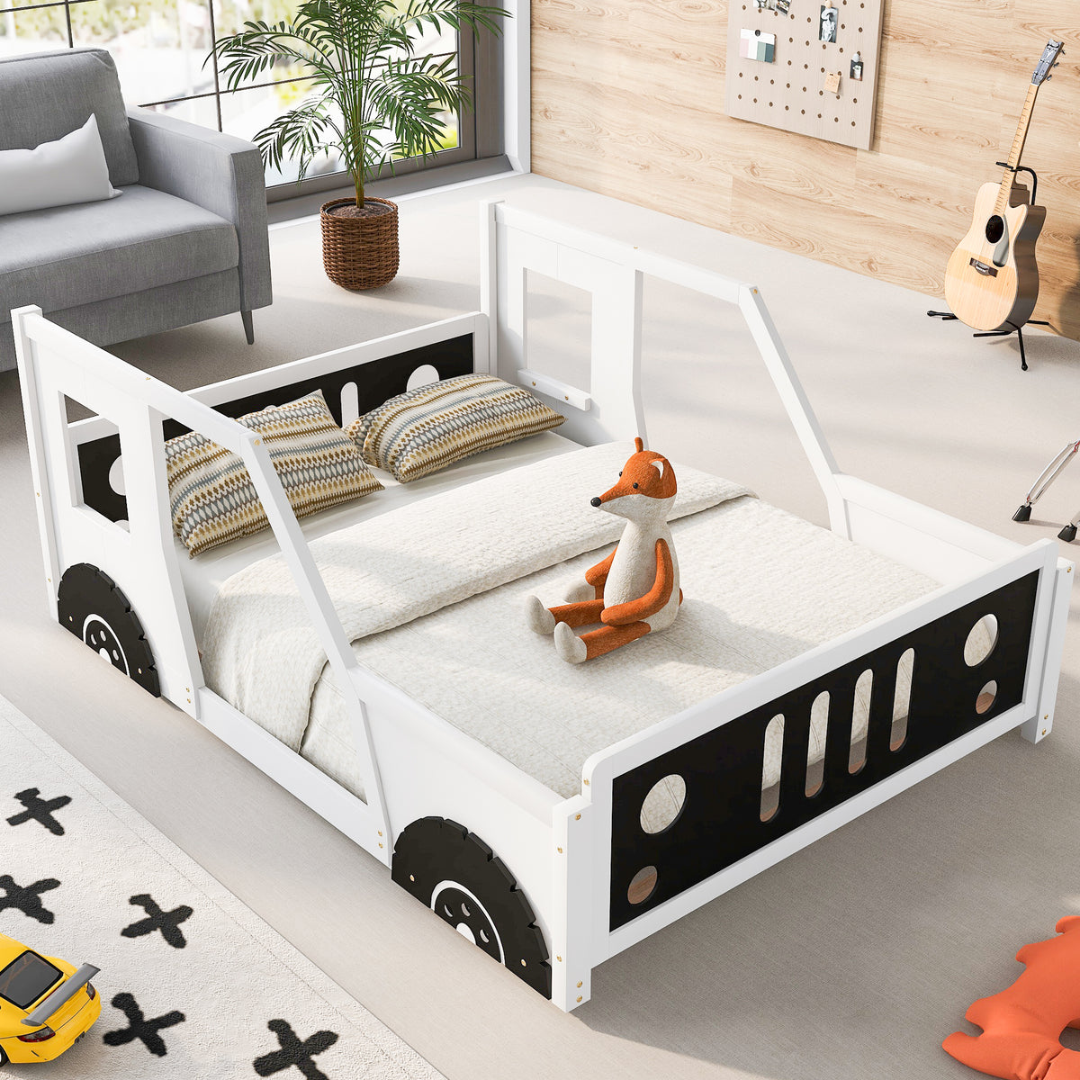 Full Size Classic Car-Shaped Platform Bed with Wheels In White