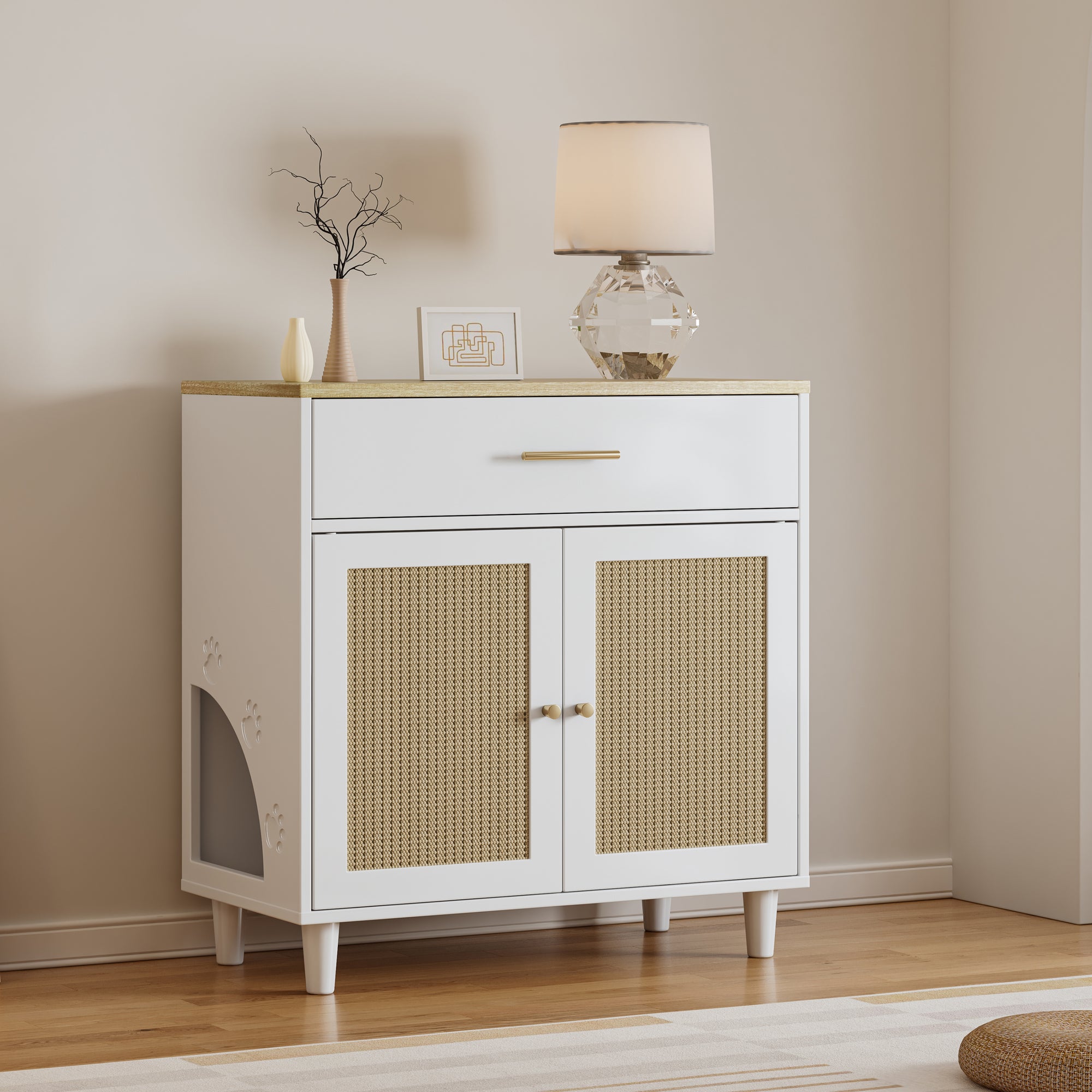 Cat Litter Box Enclosure with Scratch Pad and Storage Cabinet In White