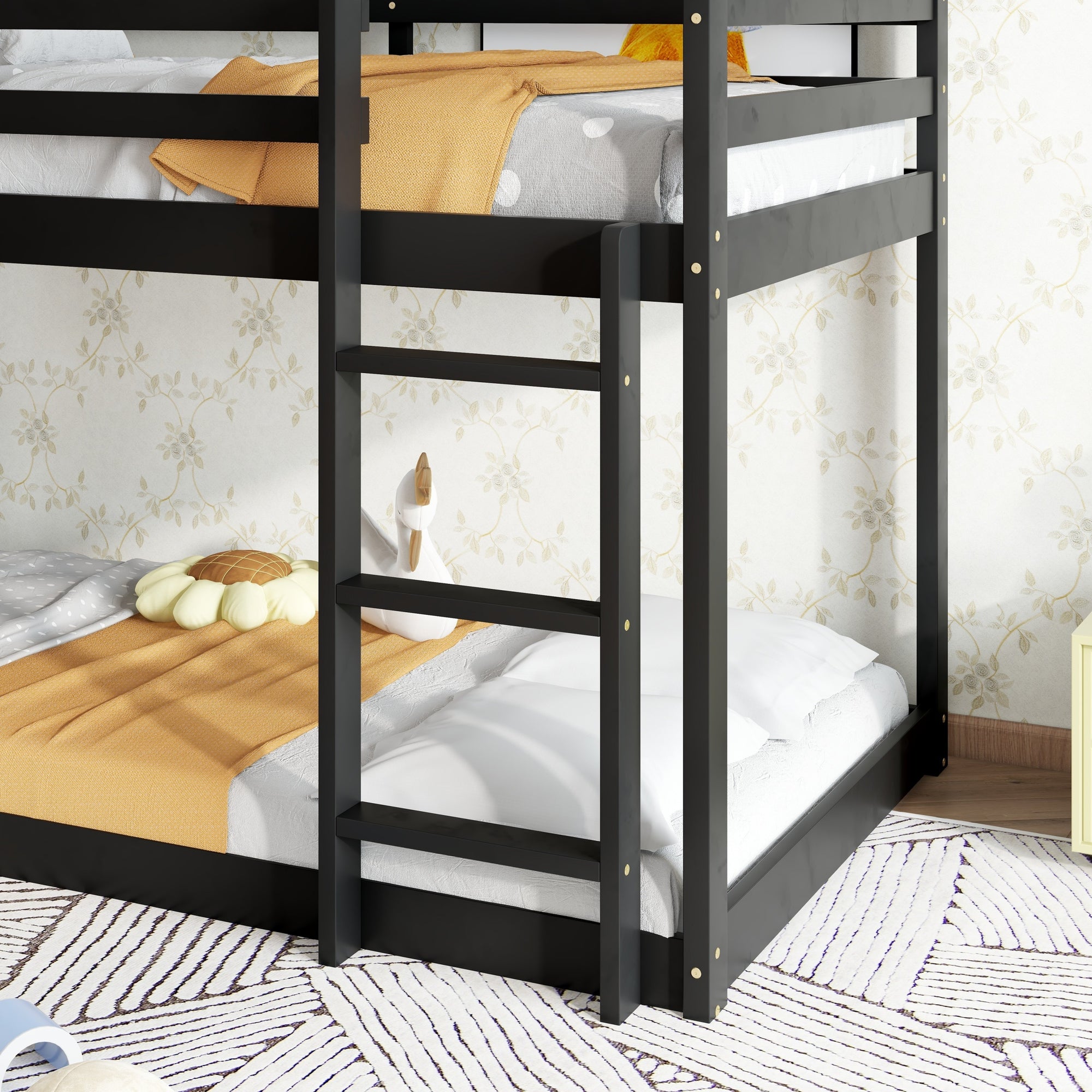 Black Twin Over Twin Rubber Wood Floor Bunk Bed