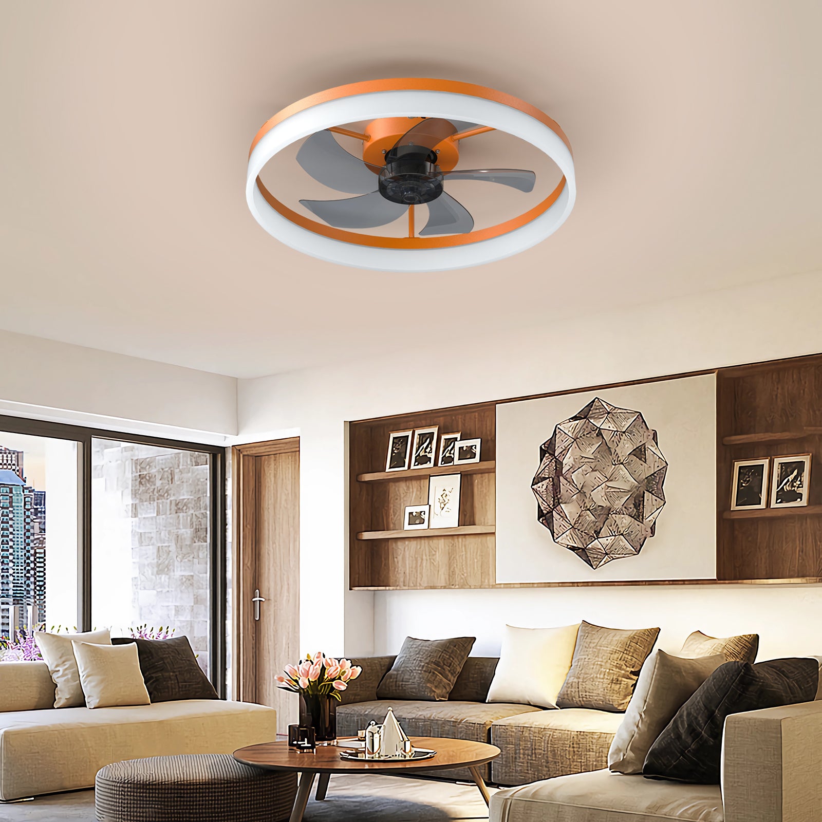 Sleek Orange Ceiling Fan with Dimmable LED Light