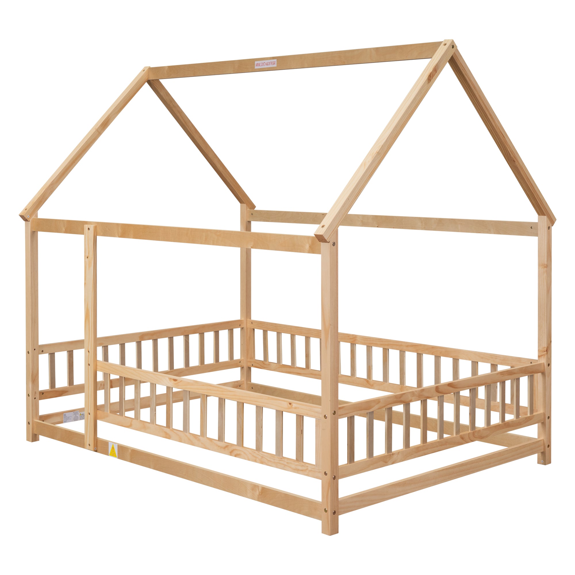 Natural Full Size Floor Wooden Toddler Floor Bed with House Roof Frame and Fence Guardrails