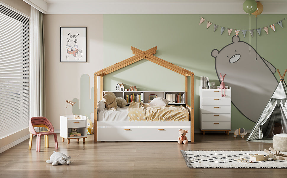 White and Natural Tone Full House Bed with Trundle and Bookshelf Storage