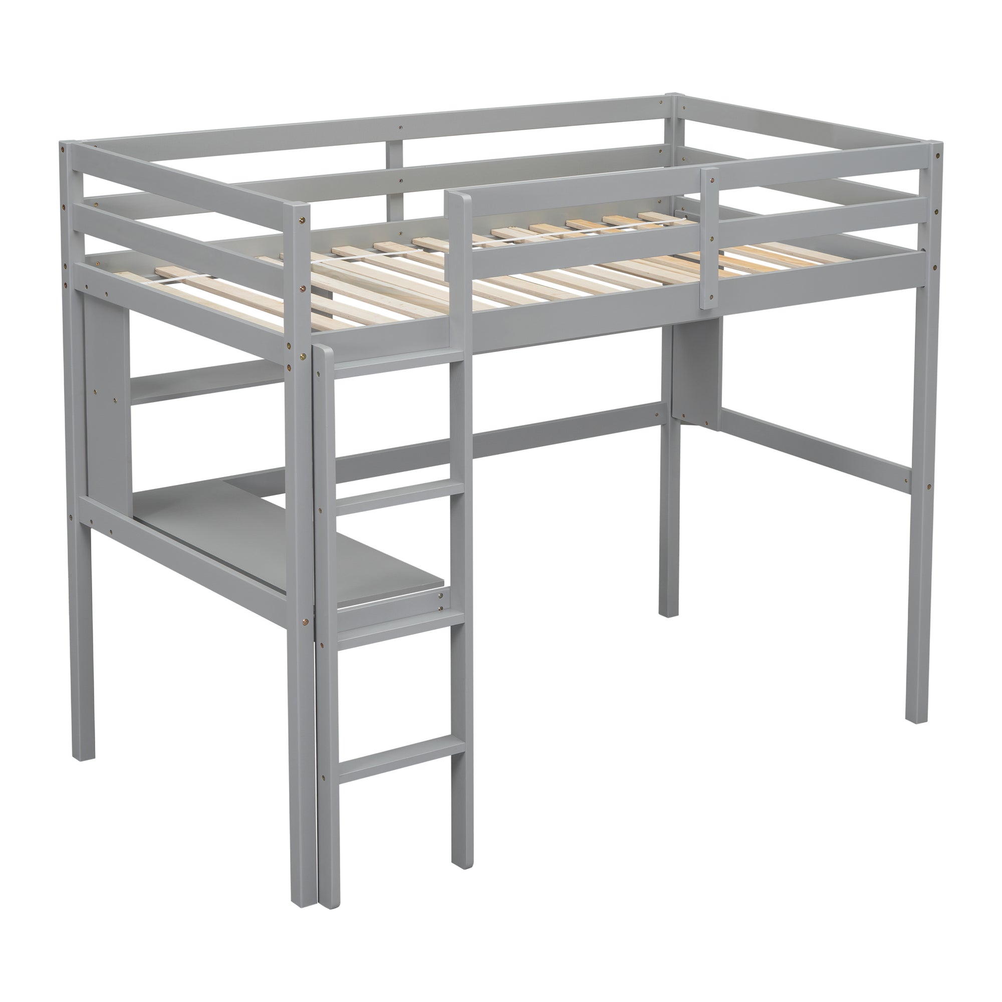 Gray Twin Loft Bed with Desk, Bookcase, and Safety Guardrail