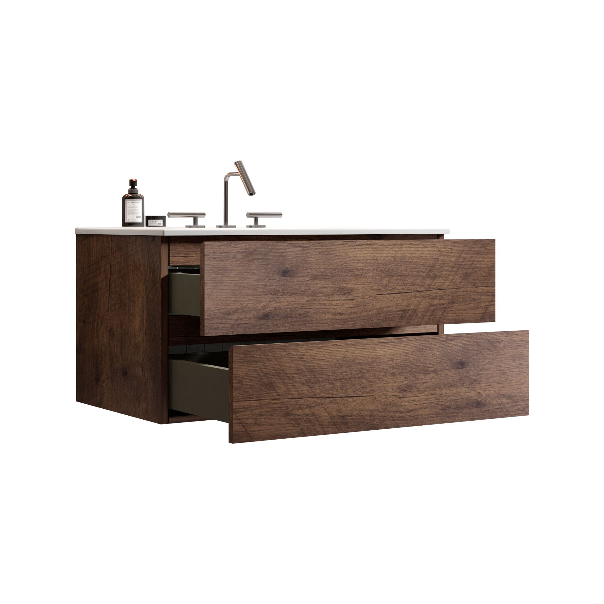 36 Inch Wall Mount Walnut Bathroom Vanity With Ceramic Sink And Three Faucet Holes Large Storage Pre-assembled In White And Walnut