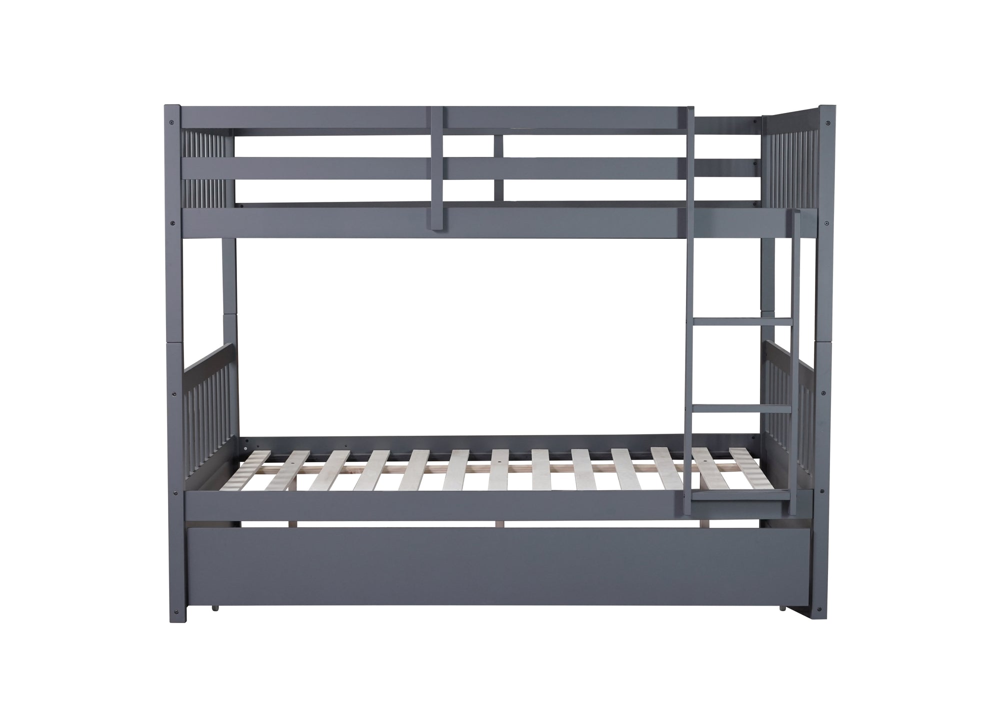 Dark Gray Full Over Full Rubber Wood Bunk Bed with Trundle, Ladder, and Guardrails