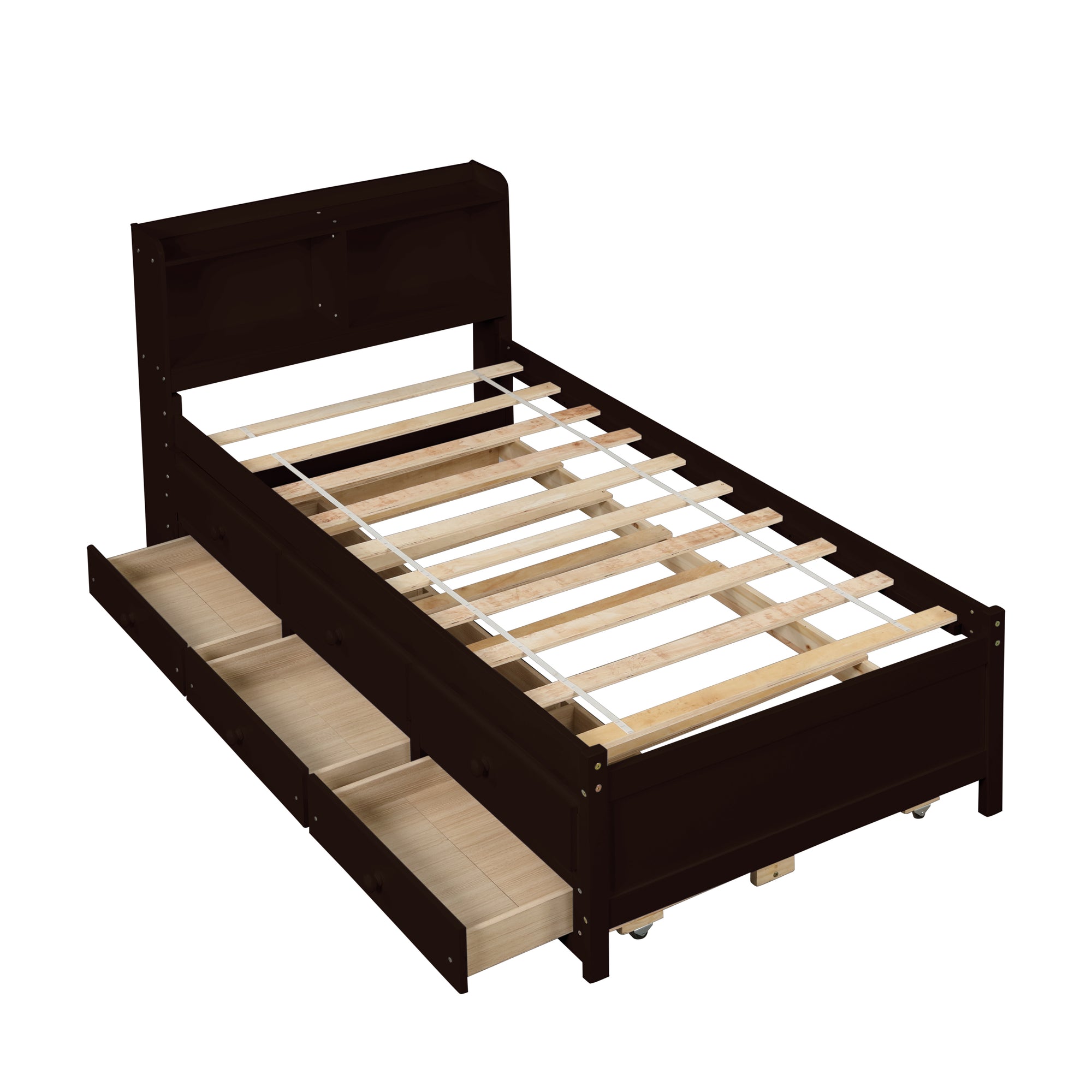 Twin Size Bed with Storage Integrated Headboard, Trundle & Drawers in Espresso