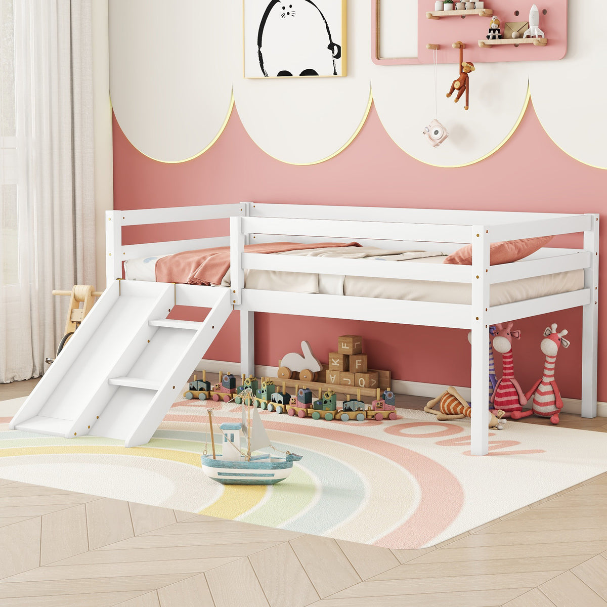 Twin Size Low Loft Bed with Slide, Ladder &amp; Safety Guardrails in White