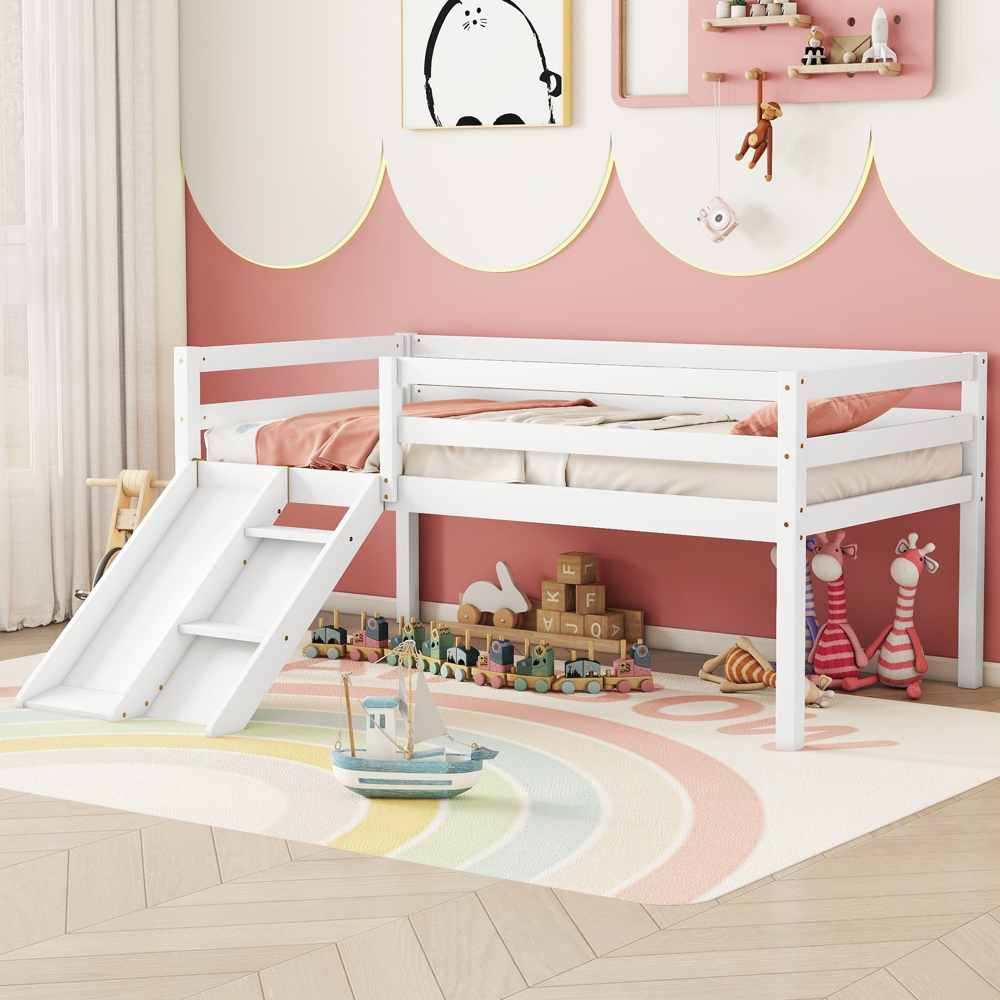 Twin Size Low Loft Bed with Slide, Ladder & Safety Guardrails in White