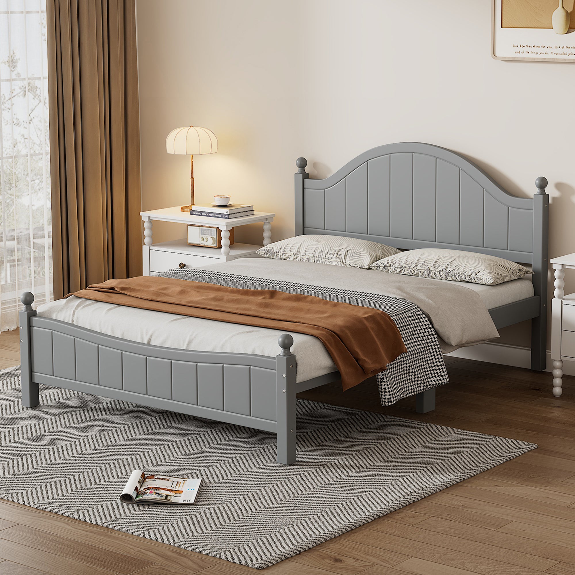 Traditional Concise Queen Size Gray Solid Wood Bed Frame