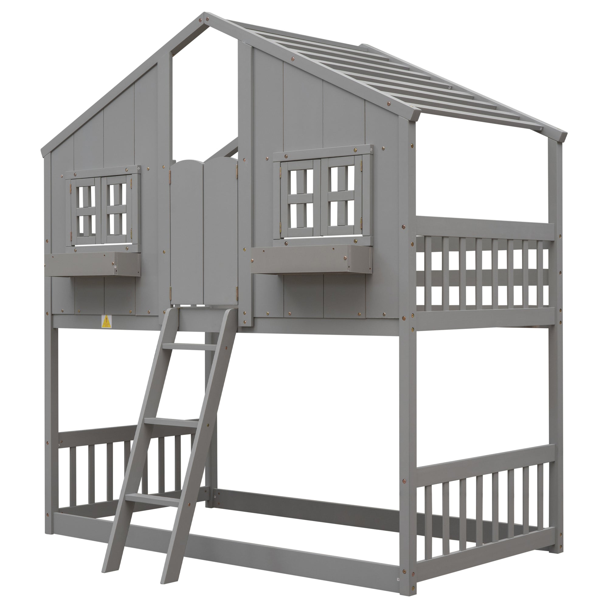 Gray Twin Over Twin House Bunk Bed with Roof, Windows, and Door