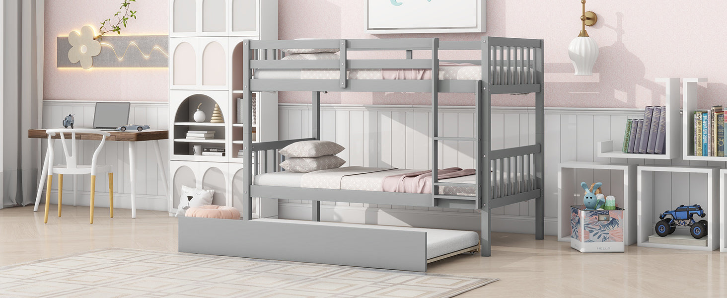 Gray Twin Over Twin Rubber Wood Bunk Bed with Trundle – Convertible Design