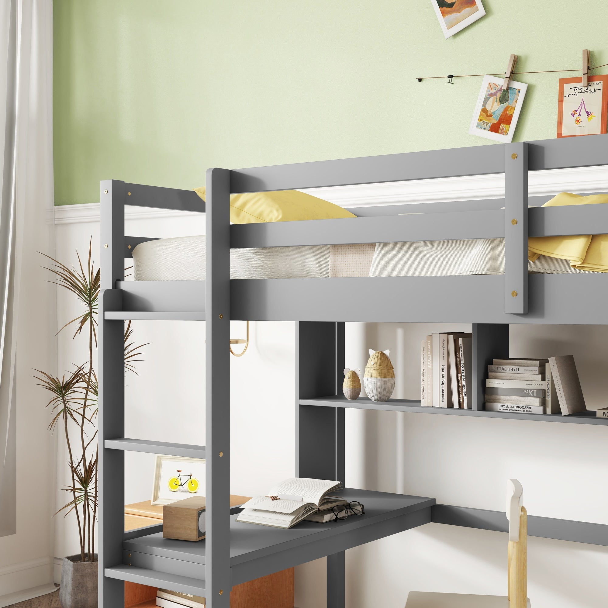 Gray Twin Loft Bed with Desk, Bookcase, and Safety Guardrail