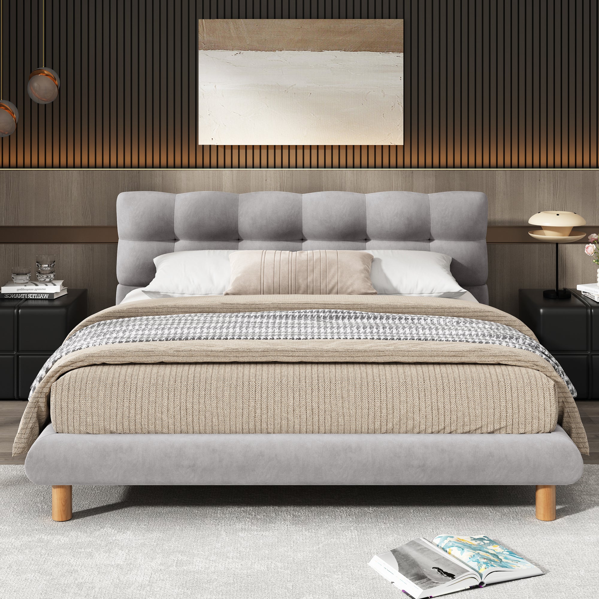 Full Size Upholstered Platform Bed Frame with Cookie-Shaped Headboard Easy Assembly Soft Chenille In Grey