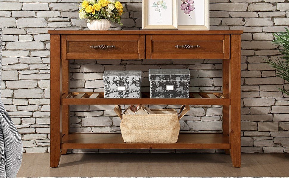 Console Sofa Table with 2 Storage Drawers and 2 Tiers Shelves Mid-Century Style Solid Wood Buffet Sideboard for Living Room In Brown