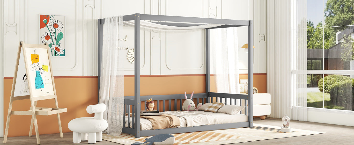 Gray Twin Size Canopy Frame Floor Bed with Fence and Guardrails