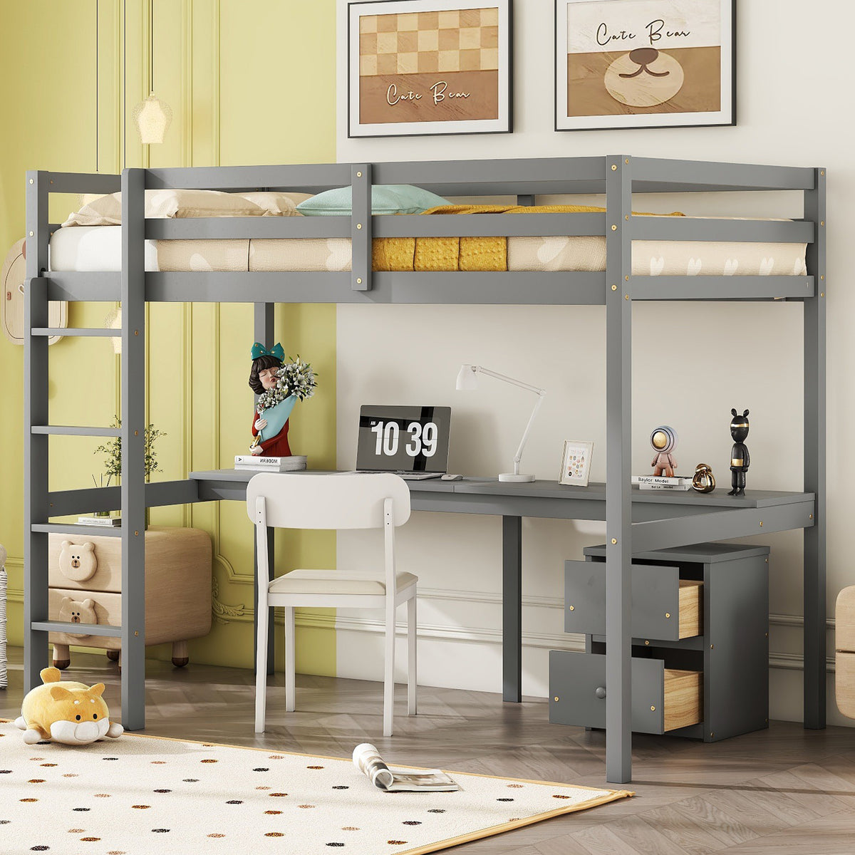 Twin Loft Wood Bed with Built-in Desk, Storage Cabinet, and Ladder