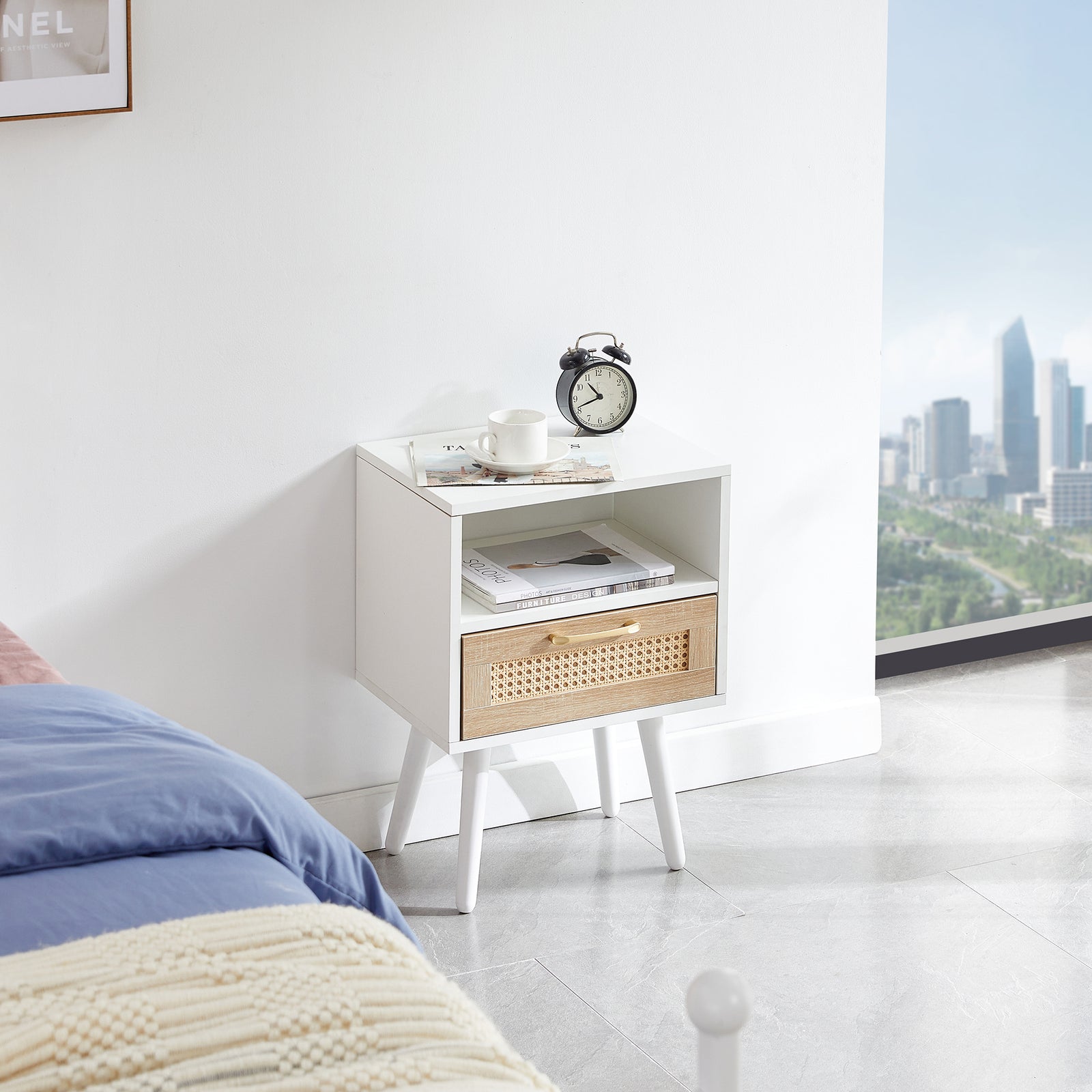 Nøordka Light Nightstand Default 16" White Rattan End Table with Drawer & Solid Wood Legs