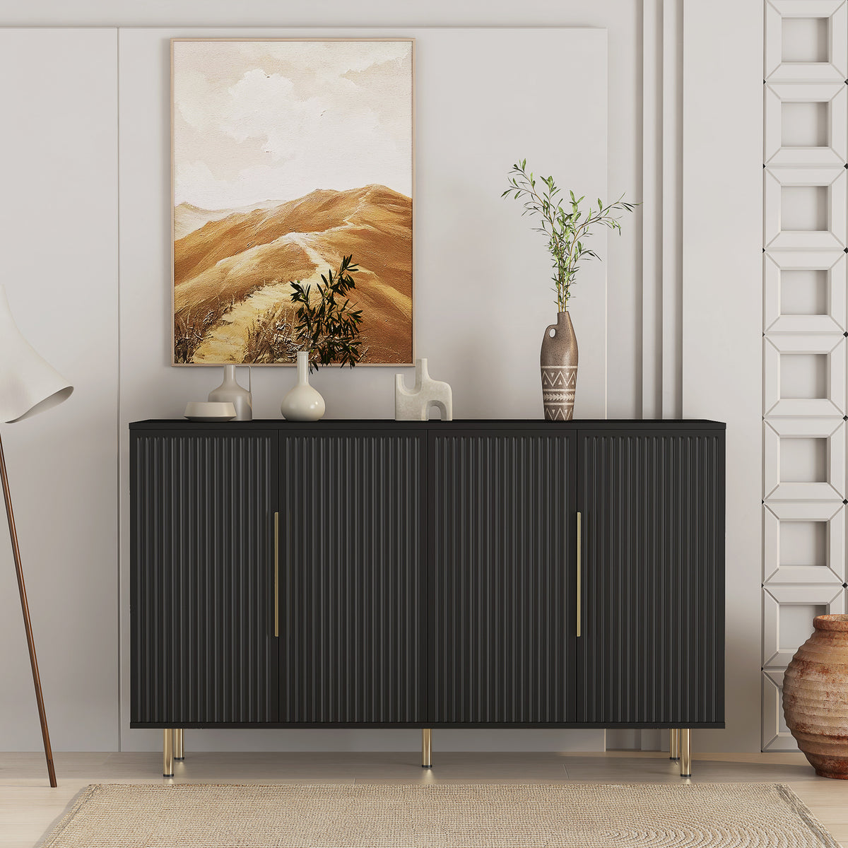 Black Modern Buffet Cabinet with Storage Fluted Sideboard Credenza with Adjustable Shelves In Black