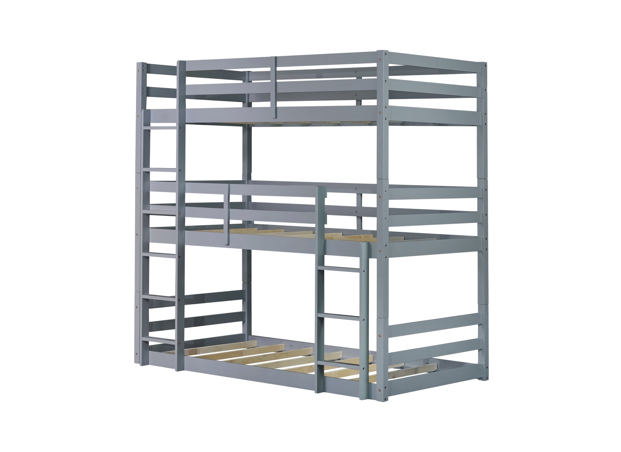 Gray Triple Rubber Wood Bunk Bed with Built-in Ladders and Guardrails