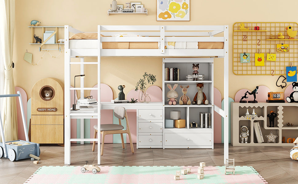 White Full Size Loft Bed with Desk, Storage Shelves, Drawers, and Built-in Ladder