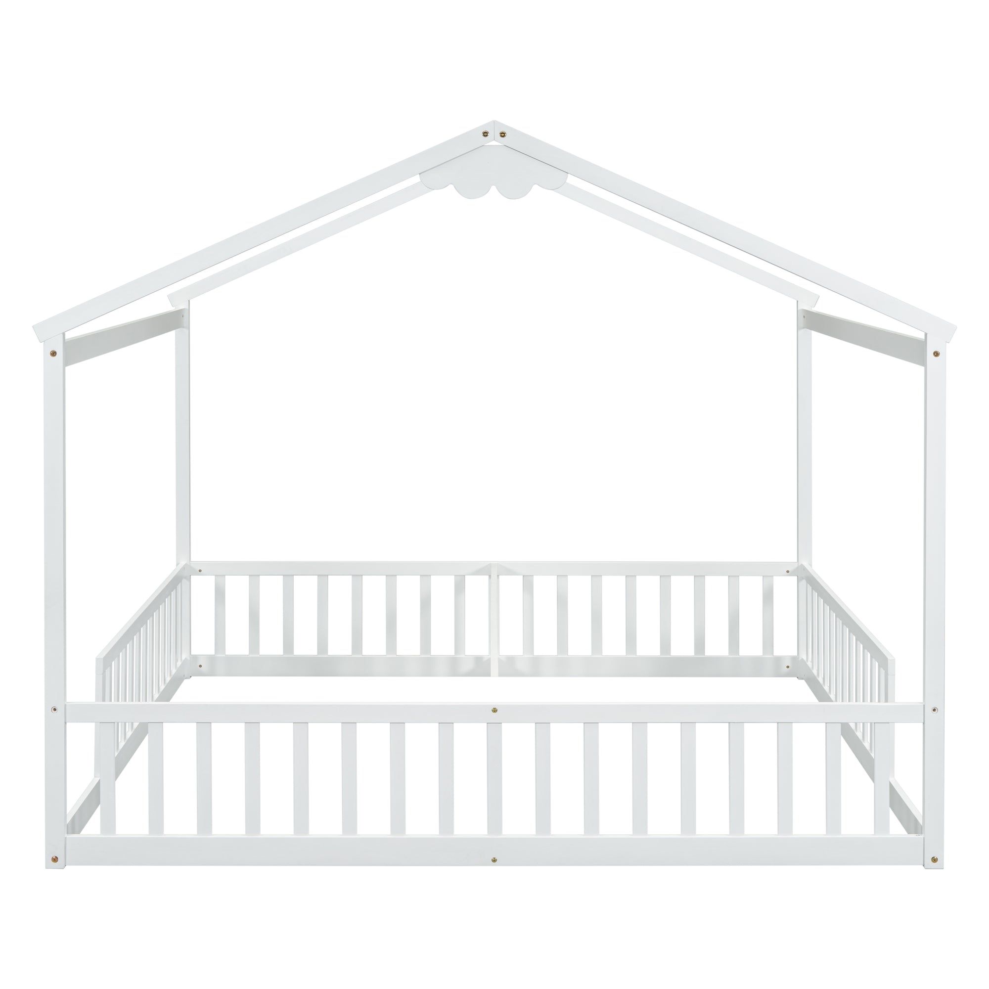 White Double Twin House-Style Toddler Floor Bed with Fence & Guardrails