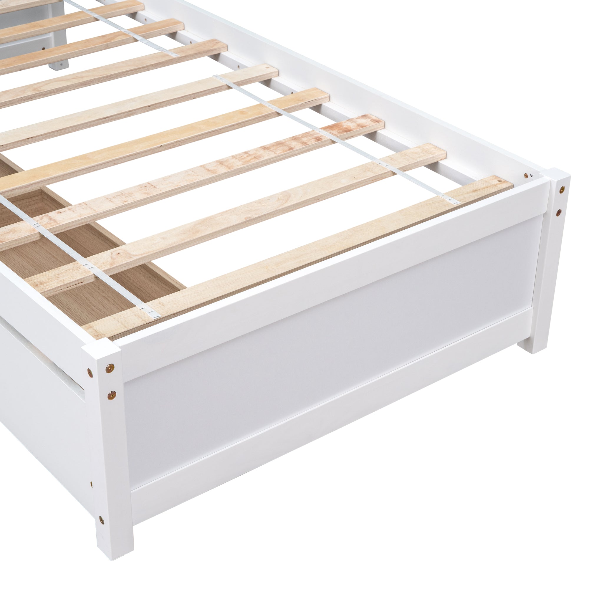 White Twin Bed with 2 Drawers, Solid Wood and No Box Spring Needed