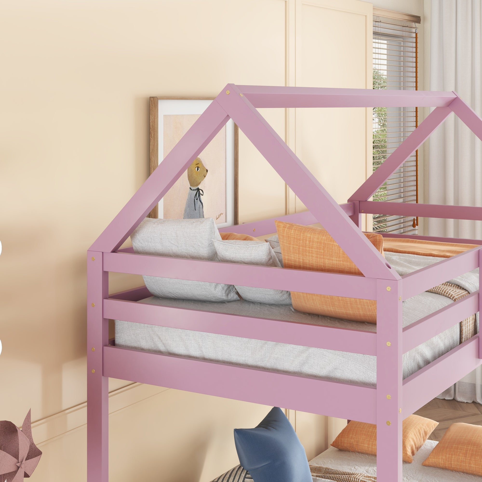 Twin Over Twin Pink House-Shaped Floor Bunk Bed with Ladder and Guardrails