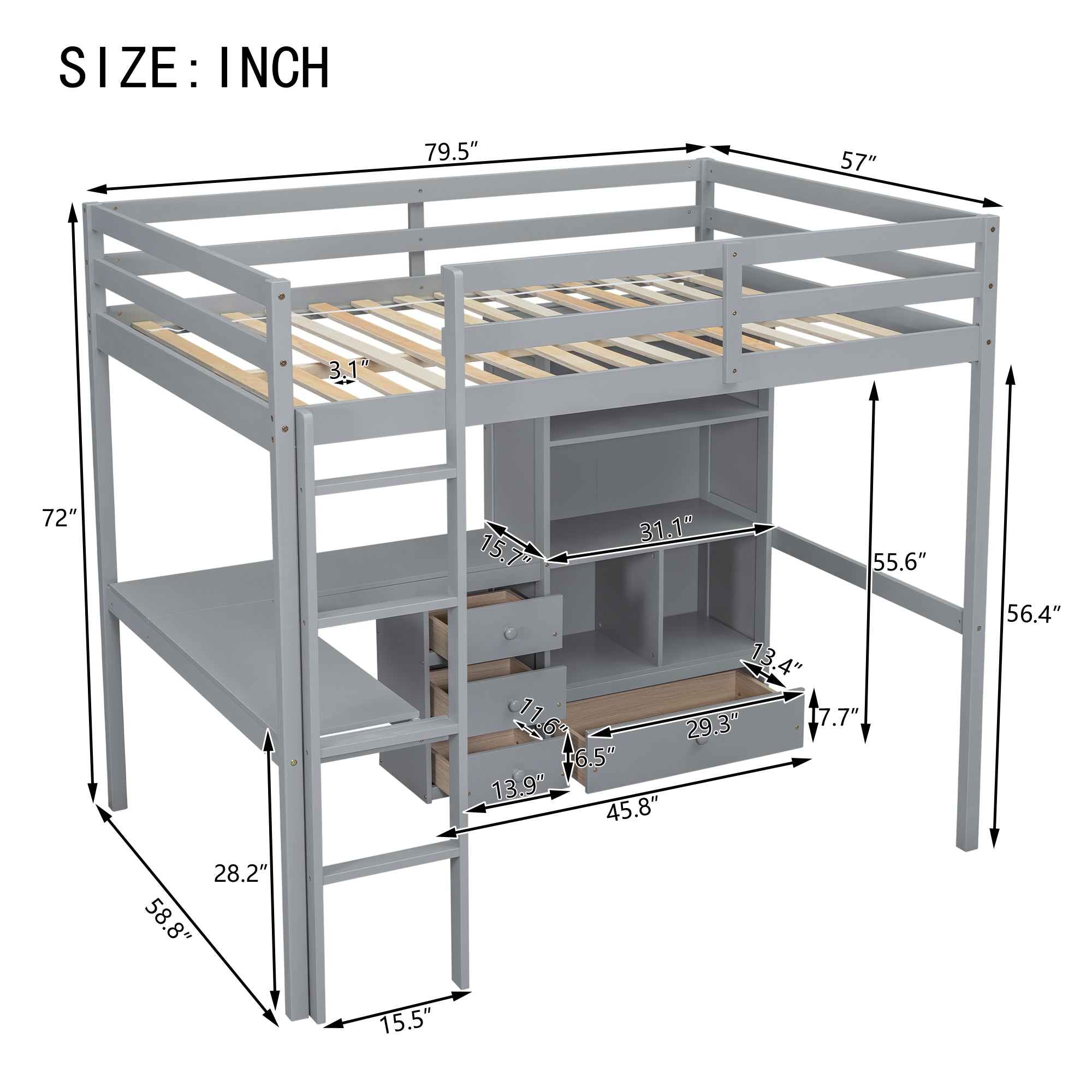 Gray Full Size High Loft Bed with Desk, Storage Shelves, and Drawers