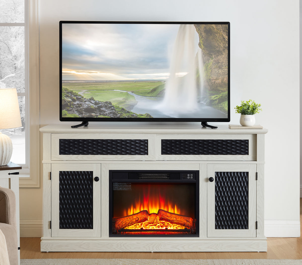 Embossed Pattern TV Stand with Fireplace Insert and Storage In White